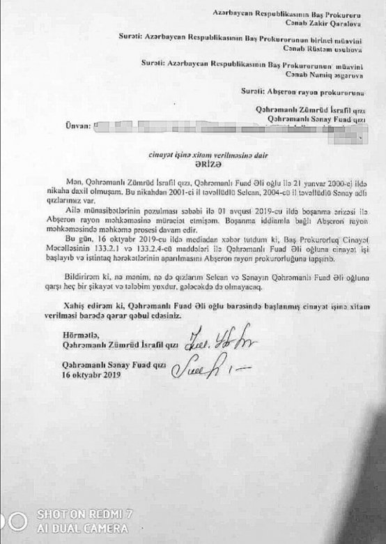 Zümrüd Yağmur Zakir Qaralova müraciət etdi: "Fuad Qəhrəmanlıdan şikayətçi deyilik"