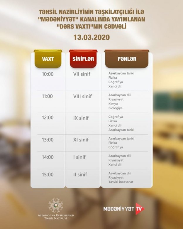 Təhsil Nazirliyi teledərslərin sabahkı cədvəlini açıqladı 