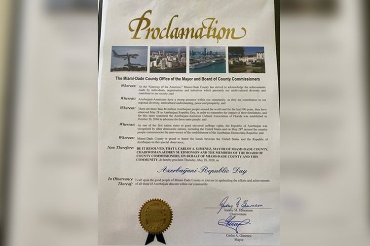 ABŞ şəhərində 28 May - Azərbaycan Respublika Günü elan edilib