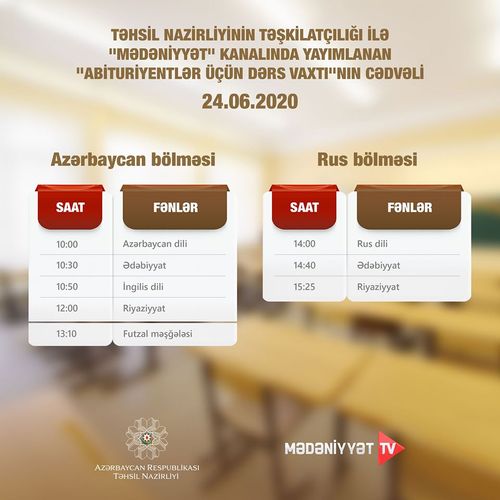 "Abituriyentlər üçün dərs vaxtı"nın sabaha olan cədvəli açıqlanıb