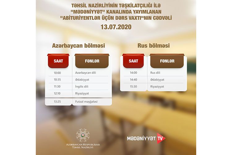 "Abituriyentlər üçün dərs vaxtı"nın sabaha olan cədvəli açıqlanıb